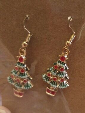 Gold-Tone Green and Red Christmas Tree Drop Earrings - Festive Dangle